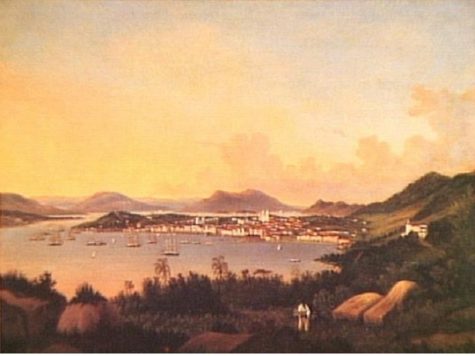 Figura7: Joseph Bruggemann.  Esquadra Imperial Brasileira na Baía do Desterro, 1867. Óleo sobre tela. 72 cm x 95 cm. Fonte: Itaú Cultural, online. Coleção Particular.